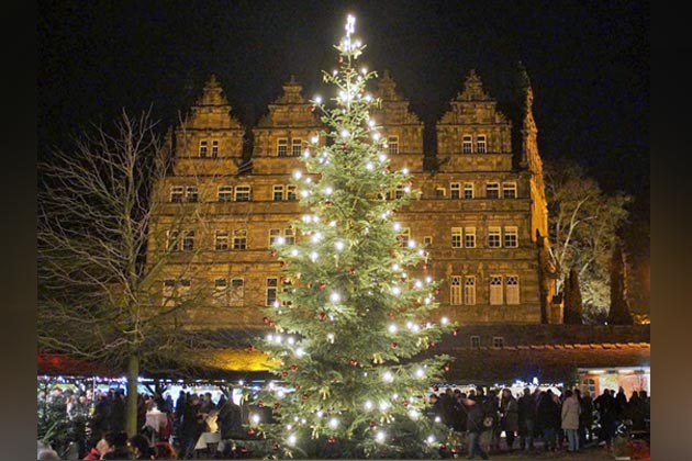 Weihnachtsbaum auf dem Adventsmarkt auf Schloss Hämelschenburg in Emmerthal